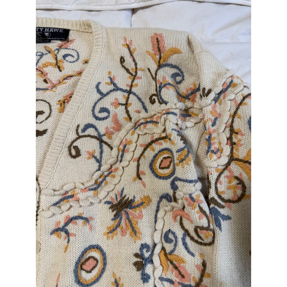 Vintage Kitty Hawk Floral Embroidered Cardigan Sweater Cream V-Neck Large - Picture 2 of 9